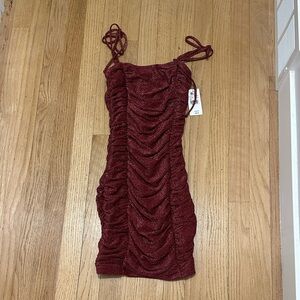 SHEIN Burgundy Glitter Ruched Spaghetti Strap Mini Dress